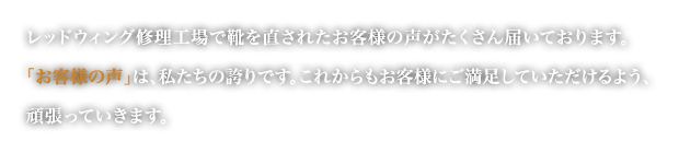 レッドウィング修理工場で靴を直されたお客様の声がたくさん届いております。「お客様の声」は、私たちの誇りです。これからもお客様にご満足していただけるよう、頑張っていきます。